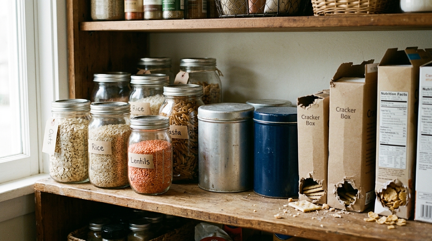 Placard de cuisine avec provisions rangées dans des bocaux en verre fermés hermétiquement