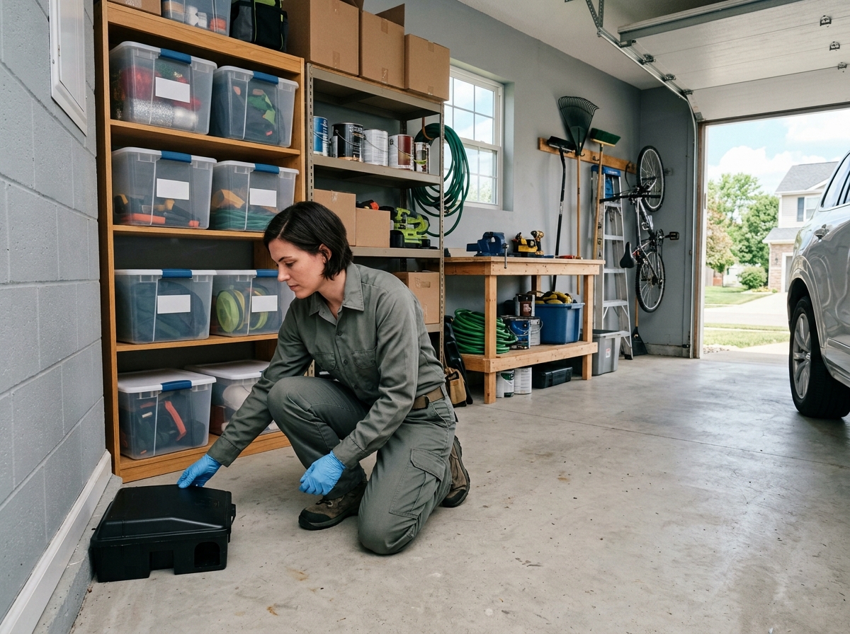 Technicien dératiseur en intervention dans un garage à Mions, pose d'un poste d'appâtage sécurisé